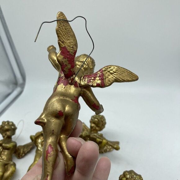Vintage Cherub Gold Angel Ornaments Set of 8 Playing Instruments Painted Plastic - Picture 3 of 12
